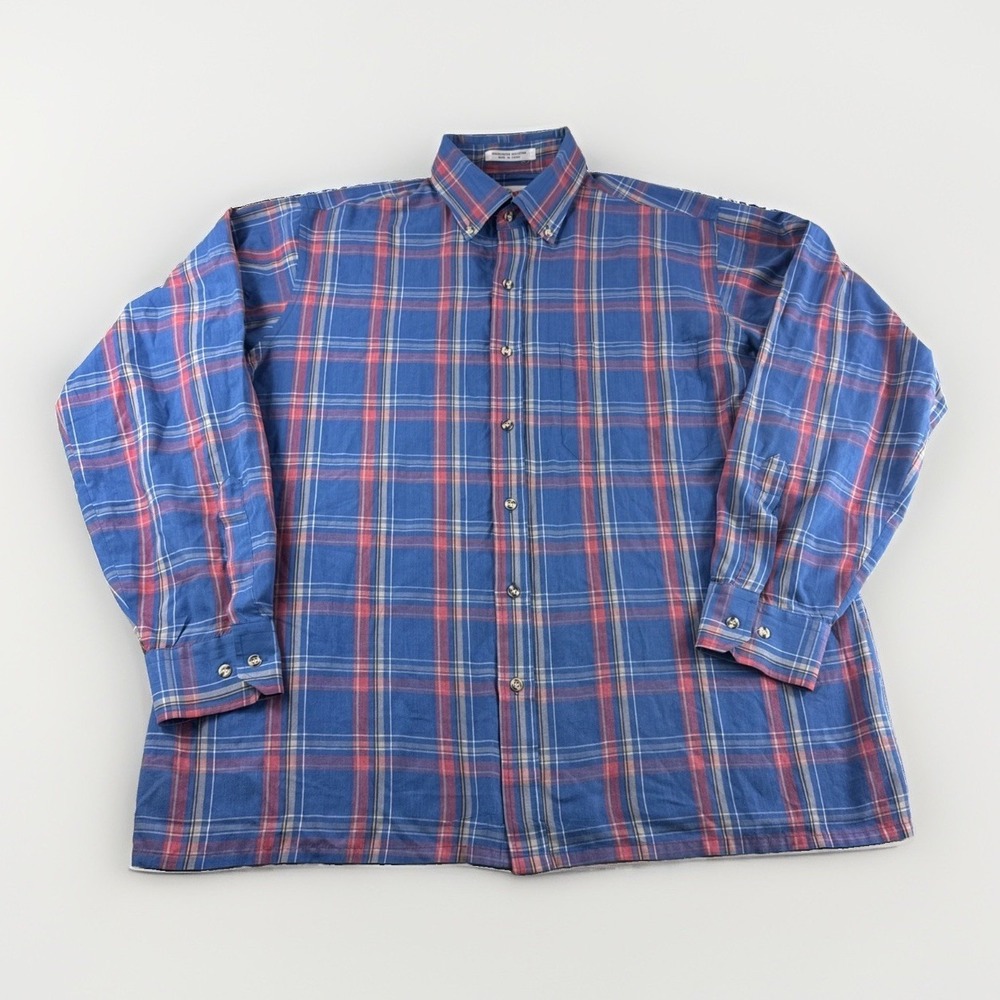 Vintage Arrow Sport Shirt Mens L Blue Red Plaid Long Sleeve Button Up 90s Camp
